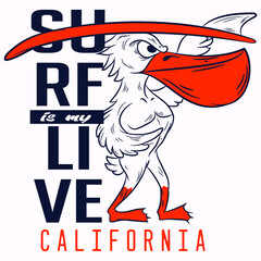 Ilustracion vectorial de pelicano surfer con tabla y texto para diseños varios.