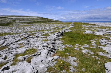 Paysage lunaire des Burren dans le compté de Clare en Irlande. Les rochers couvrant le sol donnent un aspect mystique à cause de l'érosion par l'eau à travers le calcaire.