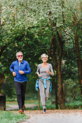 Obraz premium Smiling senior couple jogging in the park