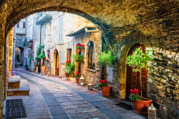 Charming old medieval villages of Italy with typical floral narrow streets. Assisi , Umbria