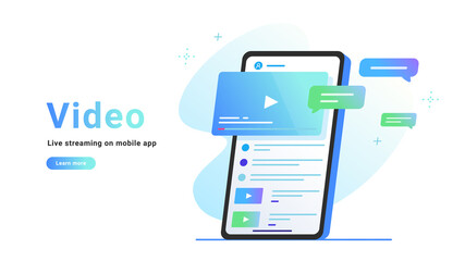 Video watching and live streaming on mobile app. Gradient vector illustration of smartphone screen with online video and speech bubbles as comments. Promo banner for socila media on white background