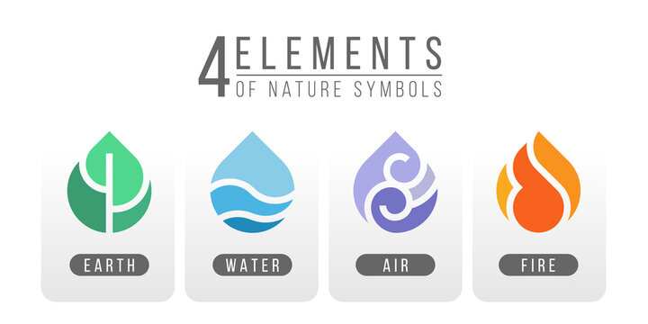 4 elements of nature symbols earth water air and fire with simple water drop icon sign style vector design