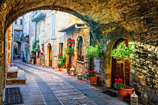 Fototapeta Charming old medieval villages of Italy with typical floral narrow streets. Assisi , Umbria