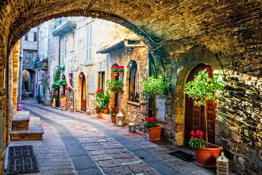 Fototapeta Charming old medieval villages of Italy with typical floral narrow streets. Assisi , Umbria