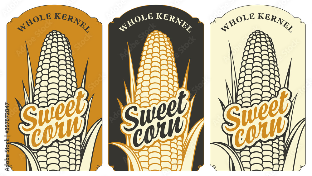 Poster sweet corn labels in retro style. a set of vector labels or banners for a whole sweet corn kernel wi