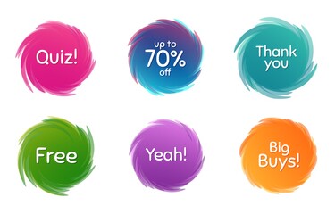 Swirl motion circles. Quiz, 70% discount and free. Thank you phrase. Sale shopping text. Twisting bubbles with phrases. Spiral texting boxes. Big buys slogan. Vector