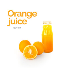 Creative layout made of orange juice. Flat lay. Food concept. Orange juice in the bottle on the white background.
