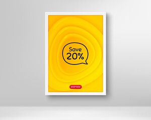 Save 20% off. Frame with orange poster. Sale Discount offer price sign. Special offer symbol. Fluid gradient shapes and chat bubble. Banner with plastic background. Discount speech bubble. Vector