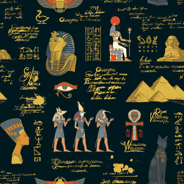 Seamless pattern on an Ancient Egypt theme with colored images and illegible scribbles on the black background. Vector repeating illustration. Suitable for Wallpaper, wrapping paper, fabric