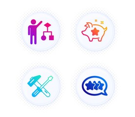 Algorithm, Hammer tool and Loyalty points icons simple set. Button with halftone dots. Stars sign. Developers job, Repair screwdriver, Piggy bank. Customer feedback. Technology set. Vector
