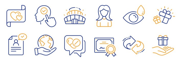 Set of Business icons, such as Medical drugs, Gift. Certificate, save planet. Woman, Resume document, Select user. Refresh, Loyalty program, Eye drops. Love letter, Arena stadium line icons. Vector