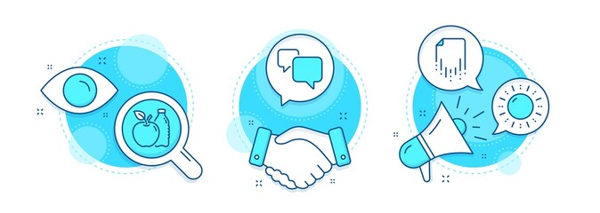 Sun energy, Recovery file and Apple line icons set. Handshake deal, research and promotion complex icons. Speech bubble sign. Solar power, Backup document, Diet food. Chat message. Vector