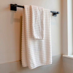 Square crop Black rod with white towel mounted on the bathroom wall with tiles