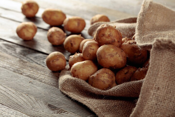 Young fresh organic potatoes on a old wooden table.