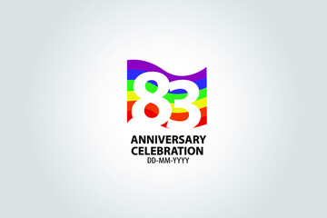 83 year anniversary celebration logotype with white number Emboss Style isolated on LGBT Colorful Flag on white grey background for invitation card, banner or flyer -vector