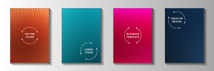 Trendy circle faded screen tone cover page templates vector set. Industrial brochure perforated 