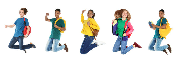 Collage of jumping teenagers with school stationery on white background. Banner design