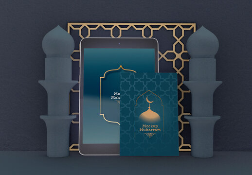 Tablet and Flayer with Islamic Decoration Mockup