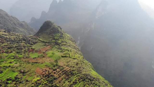 Aerial footage of Nho Que River view from Ma Pi Leng Pass, one of the most beautiful are mountain and river in Ha Giang