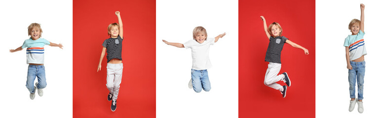 Collage of jumping school boy on color backgrounds. Banner design © New Africa