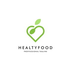 Healthy food logo template. Organic food vector design. Fork, spoon and leaves logotype