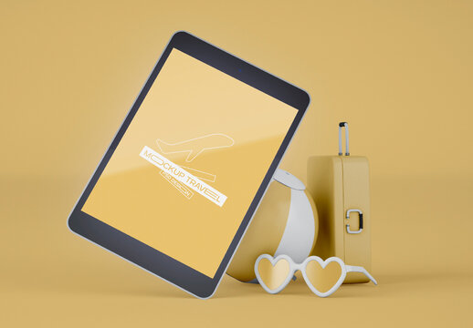 Tablet with Travel Objects Mockup