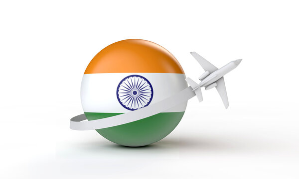 Travel to India concept. Airplane flying around flag. 3D Rendering.