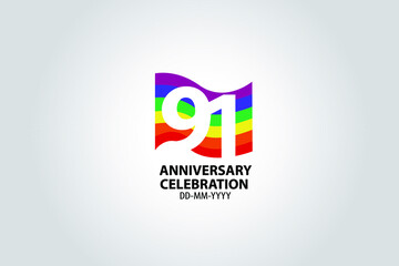 91 year anniversary celebration logotype with white number Emboss Style isolated on LGBT Colorful Flag on white grey background for invitation card, banner or flyer -vector