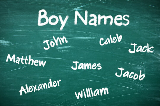 Different baby names written on green chalkboard