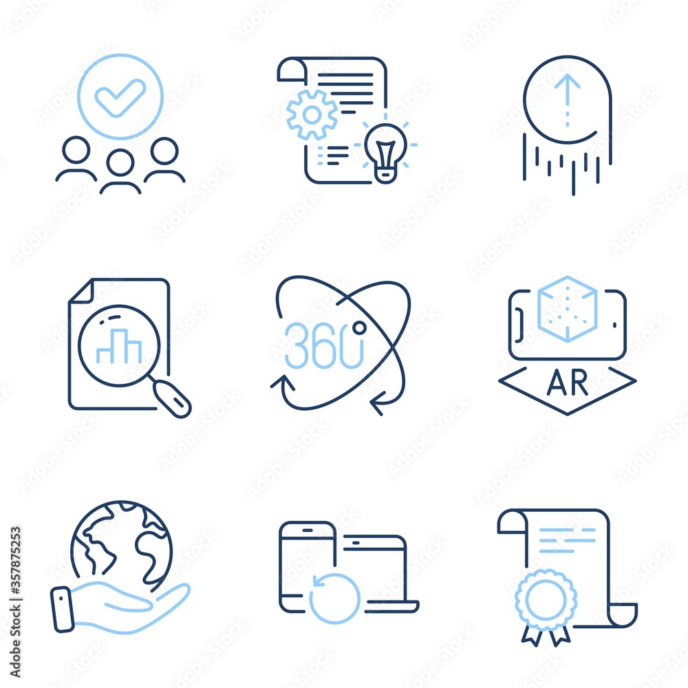 Poster augmented reality, swipe up and analytics graph line icons set. diploma certificate, save planet, gr