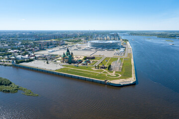 Alexander Nevsky Cathedral and football stadium at the confluence of the Oka and Volga rivers in...