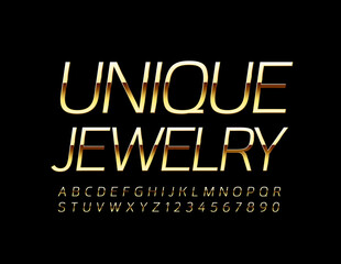 Vector elegant emblem Unique Jewelry with Gold thin Font. Luxury Alphabet Letters and Numbers