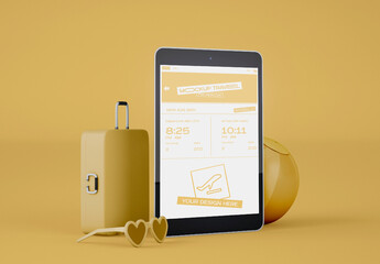 Digital Tablet with Travel Items Mockup