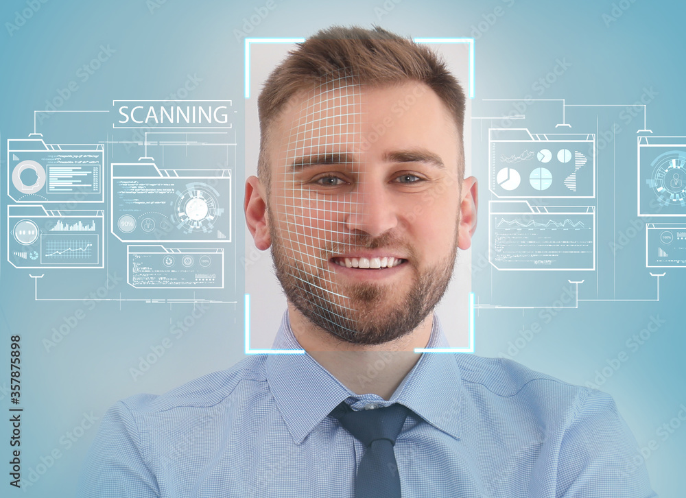 Poster facial recognition system. man with scanner frame on face and information