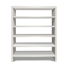 3d realistic vector shelf stand in white color from front view. Isolated on white background.