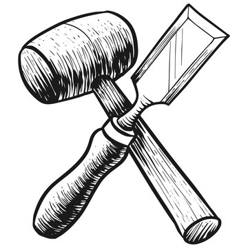 Chisel and mallet icon in sketch style. Woodworking tool vector illustration.
