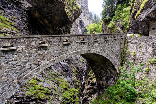 historic stoen bridge crossing the deep Viamala Gorge in the Swiss Alps near Thusis