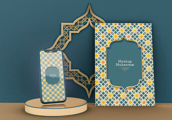 Mockup of Smartphone and Poster with Islamic Happy Muharram Concept