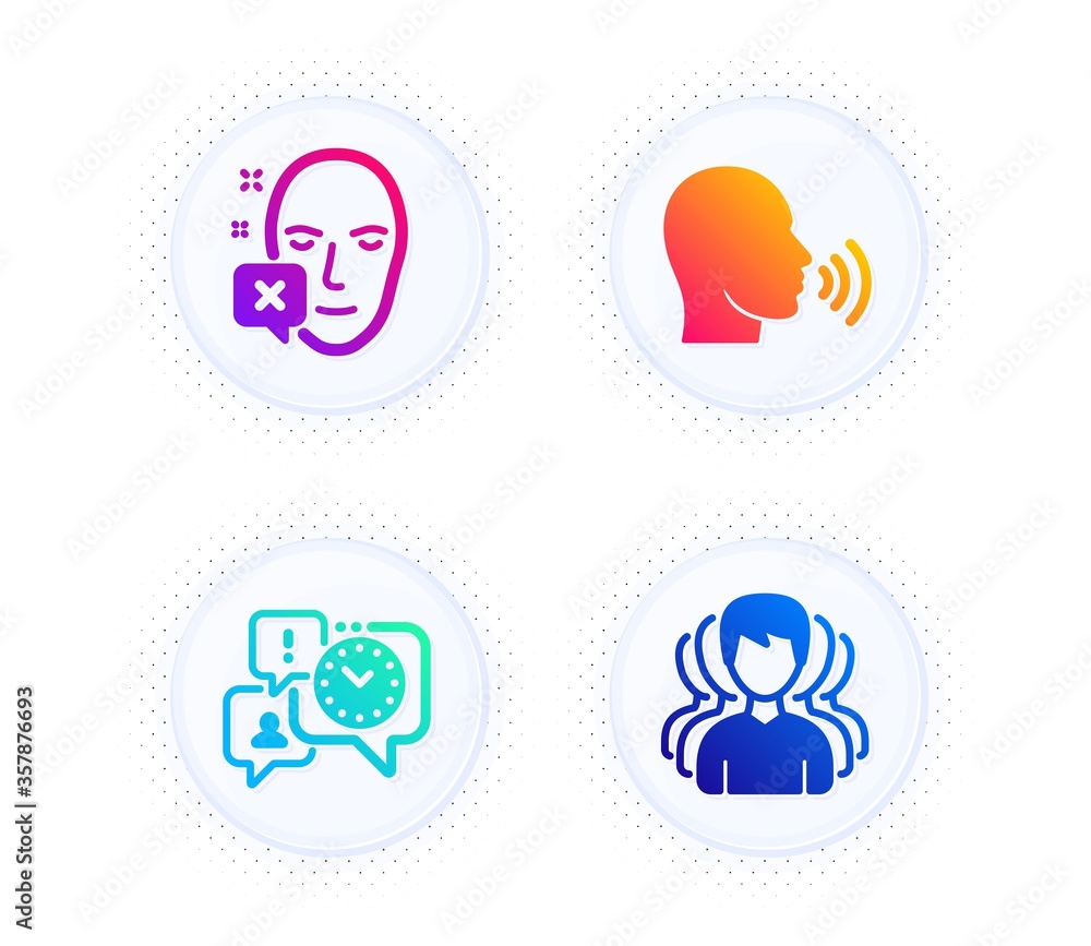 Poster human sing, time management and face declined icons simple set. button with halftone dots. group sig