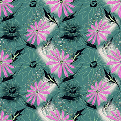 Seamless abstract flower pattern . Pink flowers on a dark turquoise background.