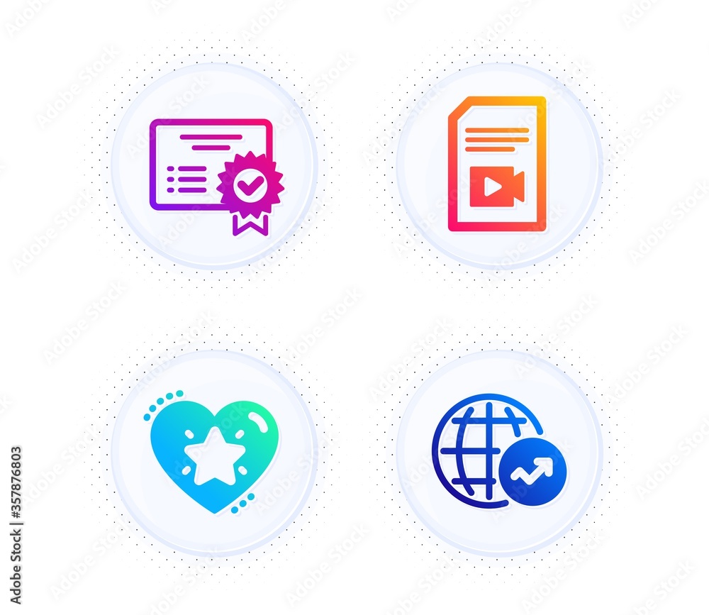 Poster video file, ranking star and certificate icons simple set. button with halftone dots. world statisti