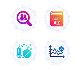 Vocabulary, Search employees and Medical drugs icons simple set. Button with halftone dots. Seo analysis sign. Book, Staff analysis, Medicine pills. Targeting chart. Science set. Vector