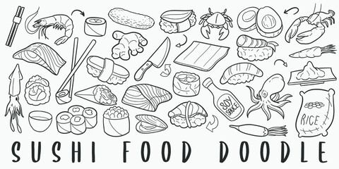 Sushi Food Japan Doodle Line Art Illustration. Hand Drawn Vector Clip Art. Banner Set Logos.