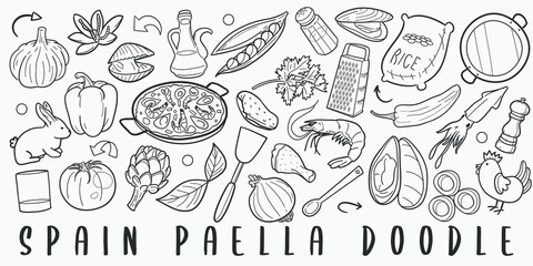 Paella Spanish Food Doodle Line Art Illustration. Hand Drawn Vector Clip Art. Banner Set Logos.