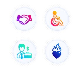 Businessman case, Disability and Employees handshake icons simple set. Button with halftone dots. Heart flame sign. Human resources, Disabled person, Deal hand. Love fire. People set. Vector
