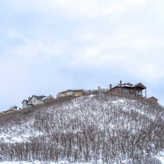 Square Homes atop a hill with leafless bushes on the slope covered with snow in winter