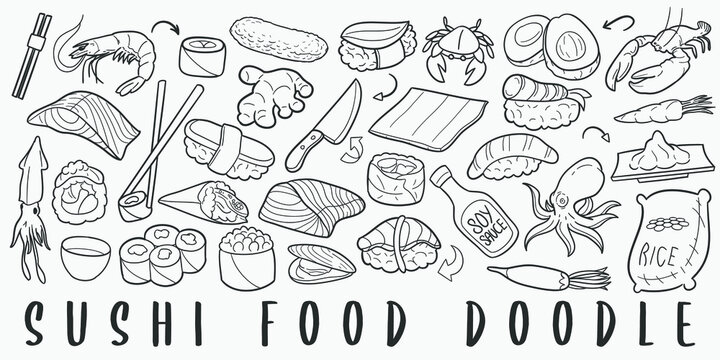 Sushi Food Japan Doodle Line Art Illustration. Hand Drawn Vector Clip Art. Banner Set Logos.