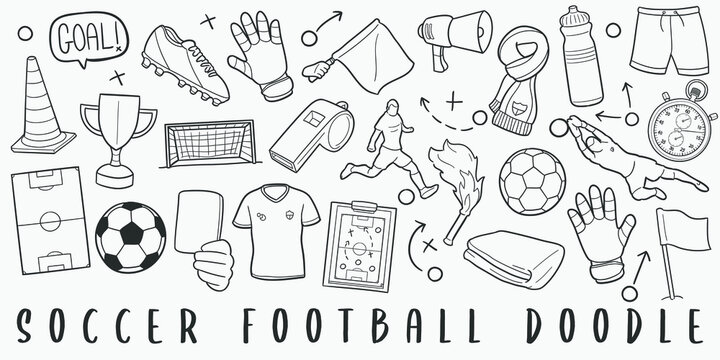 Soccer and Football Doodle Line Art Illustration. Hand Drawn Vector Clip Art. Banner Set Logos.