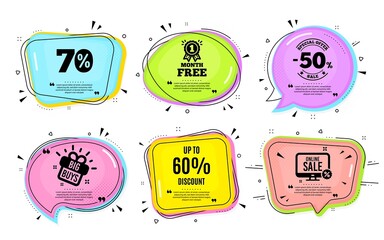 Up to 60% Discount. Big buys, online shopping. Sale offer price sign. Special offer symbol. Save 60 percentages. Quotation bubble. Banner badge, texting quote boxes. Discount tag text. Vector