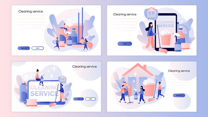 Fototapeta na wymiar Cleaning service. Tiny people clean house. Cleaning tool. Screen template for mobile smart phone, landing page, template, ui, web, mobile app, poster, banner, flyer. Modern flat cartoon style. Vector 